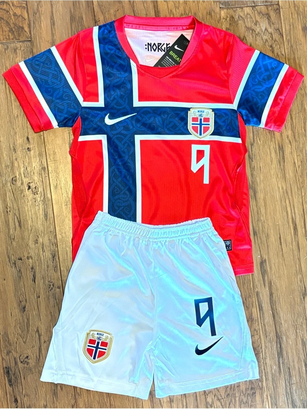 Haaland Nike Kids Youth Norway Red Soccer Jersey & White Shorts Set